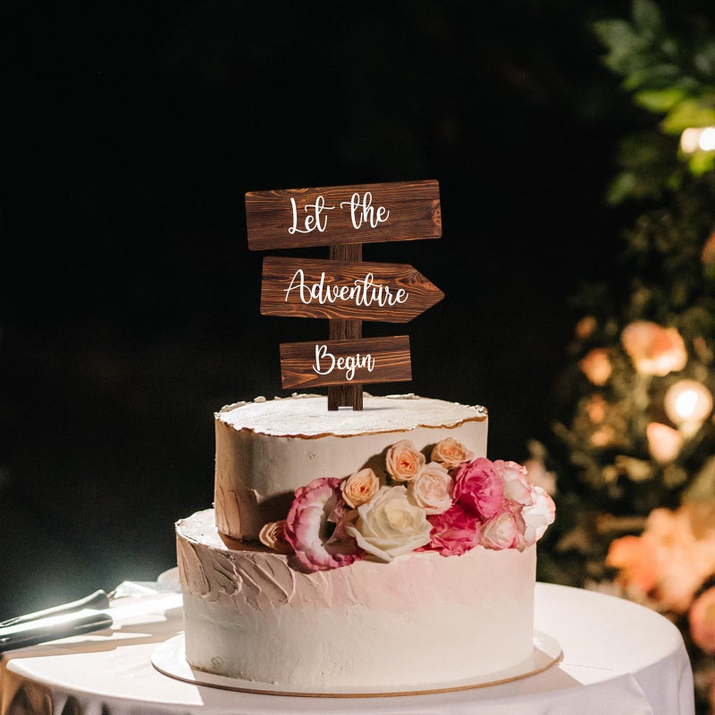 Party to Be Let the Adventure Begin Cake Topper in Wood Rustic Cake Decoration for Wedding & Baby Shower - Image 2